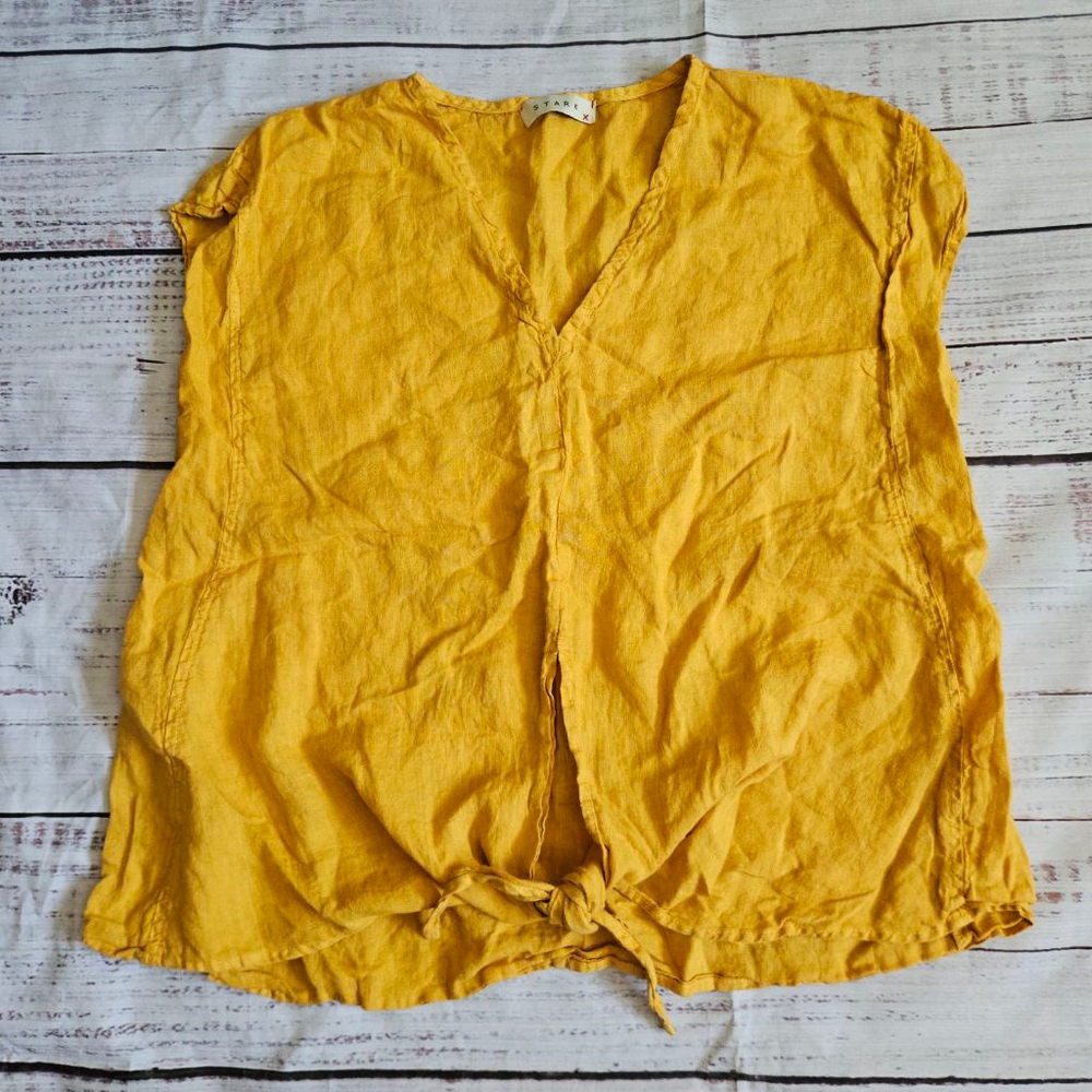 Stark X Yellow Linen Sleeveless 100% Linen Tie Front V Neckline Blouse Womens XS